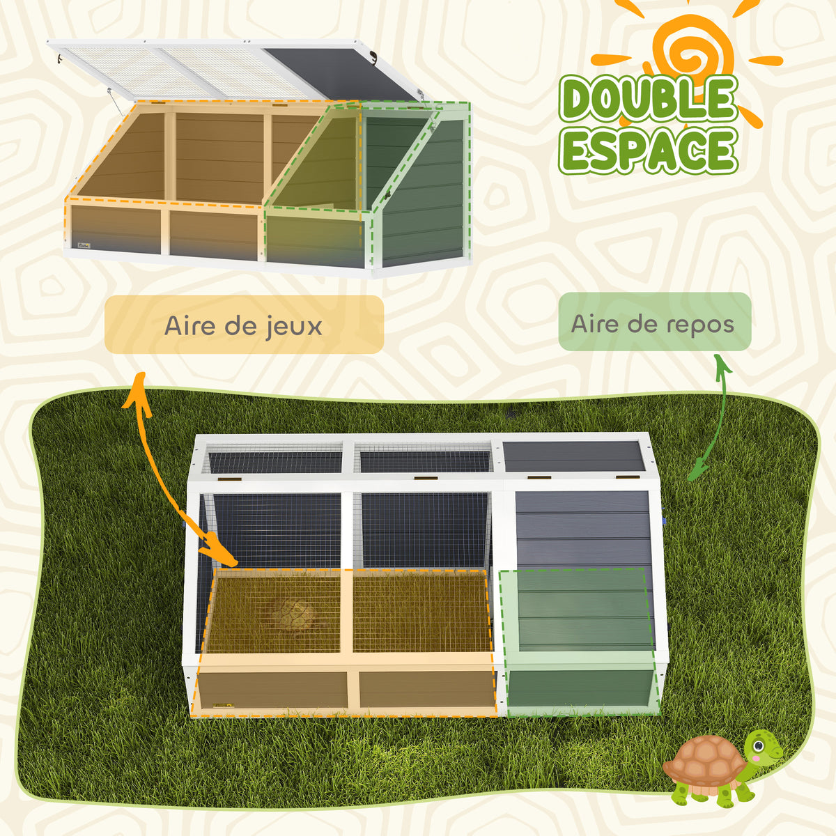 Maison enclos cage pour petit animal tortue en bois avec couvercle ouvrable, loquets, 2 espaces distincts, gris-5