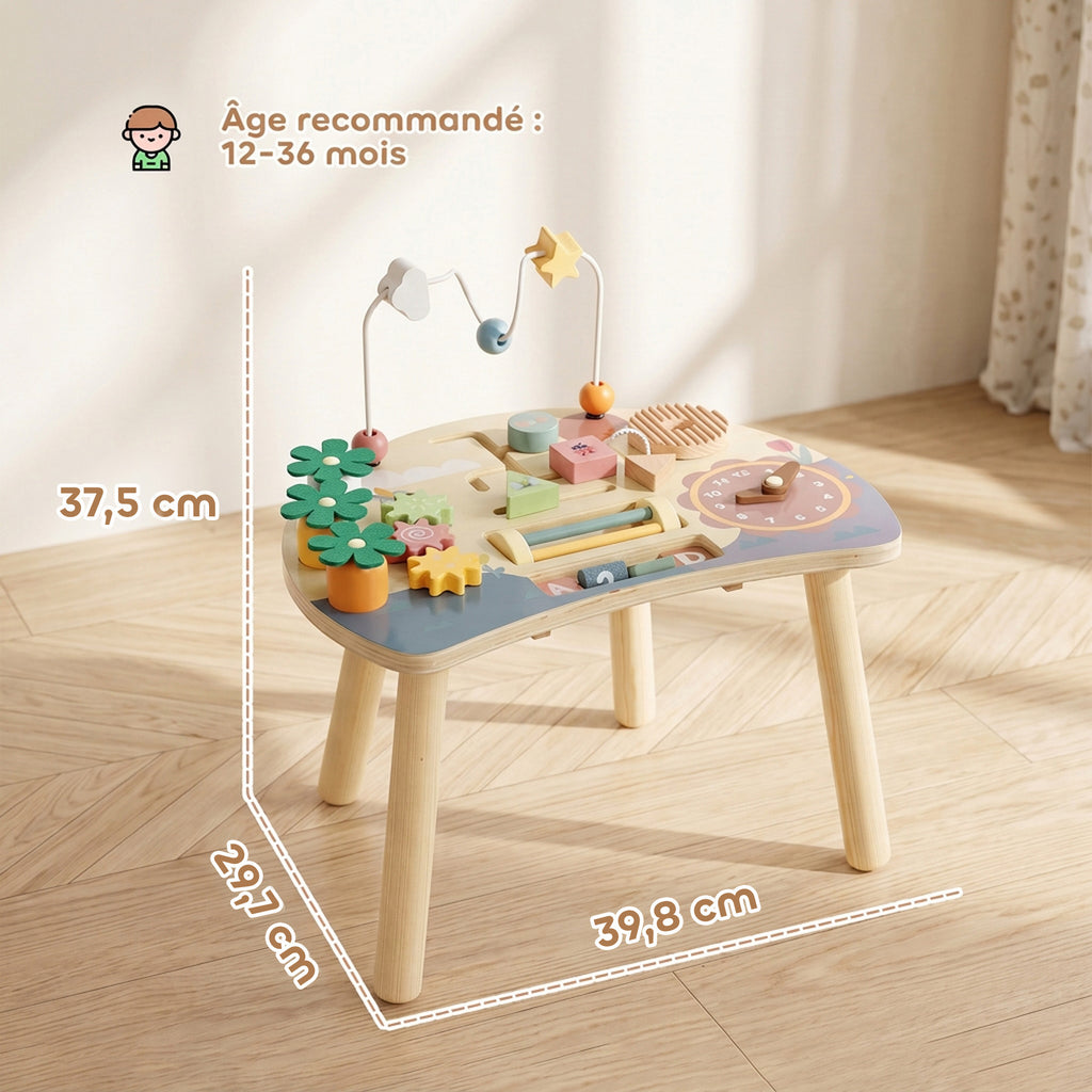 Table d'Activités en Bois pour Bébé 1-3 Ans 6 en 1 avec Engrenages, Labyrinthe de Perles, Horloge Rotative et Carottes-2