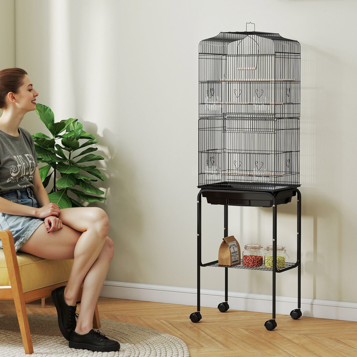Cage à oiseaux sur pied volière oiseaux sur roulettes toit ouvrant 3 perchoirs étagère inférieure 46,5x36x157cm noir-1