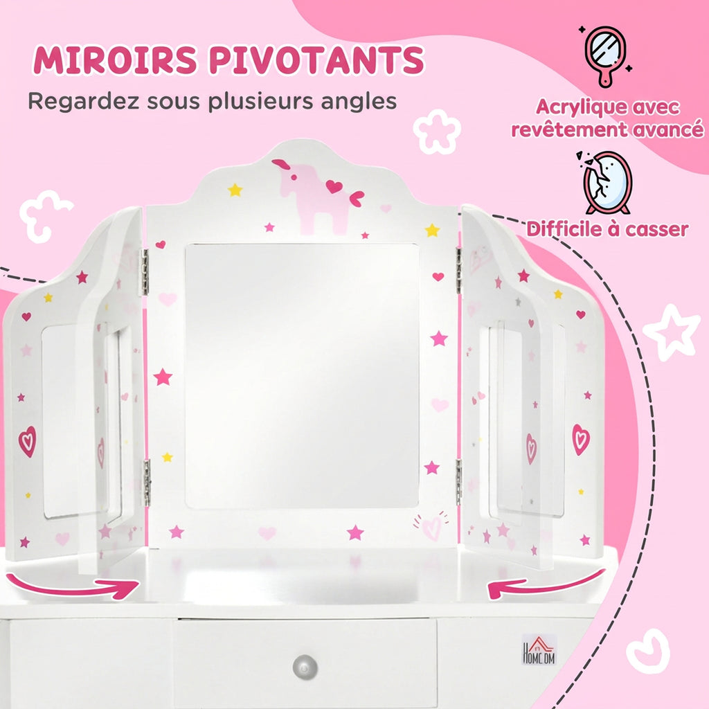 Coiffeuse Enfant avec Tabouret, Miroir triptyque et tiroir Coulissant - Coiffeuse dim. 63L x 40l x 85,5H cm-5