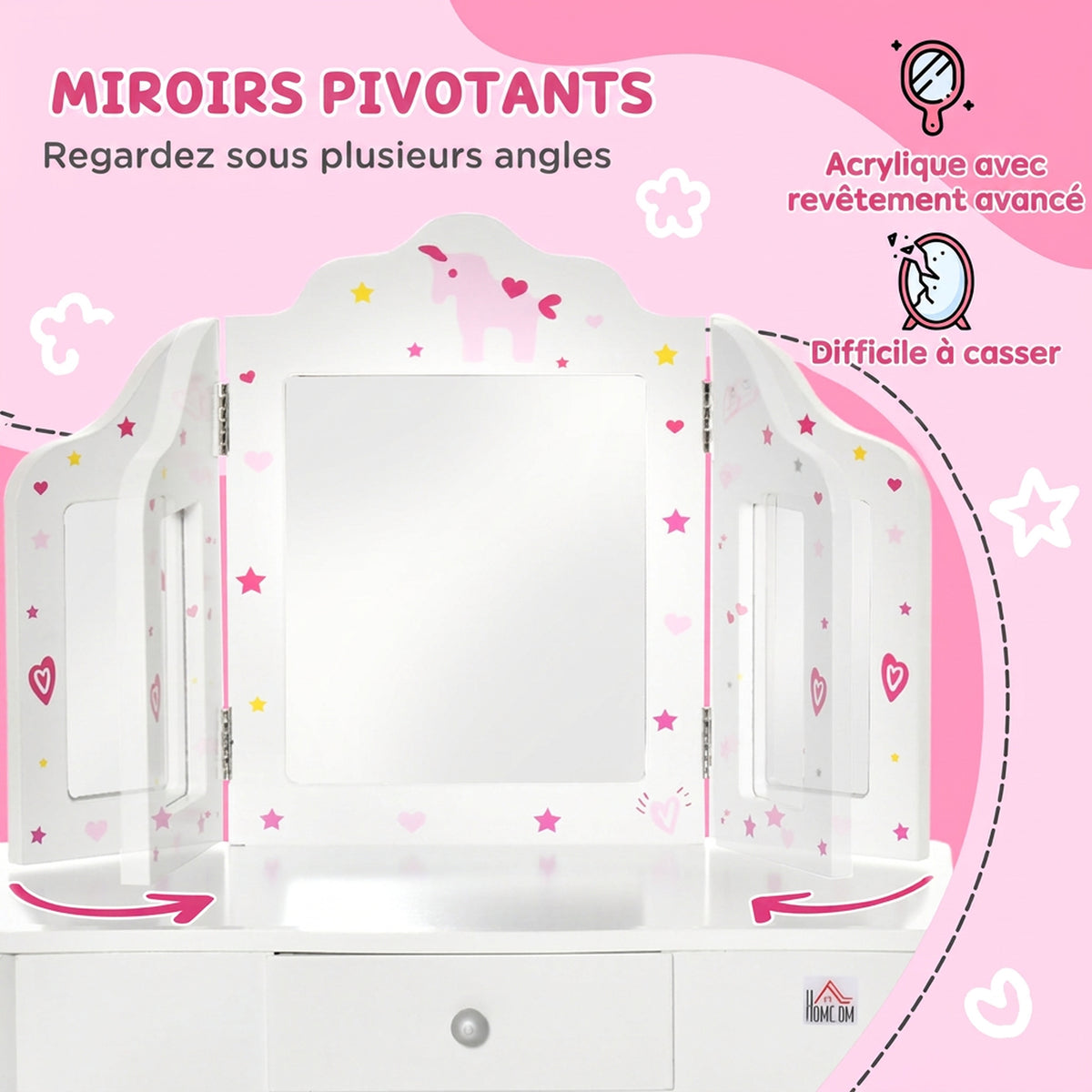 Coiffeuse Enfant avec Tabouret, Miroir triptyque et tiroir Coulissant - Coiffeuse dim. 63L x 40l x 85,5H cm-5