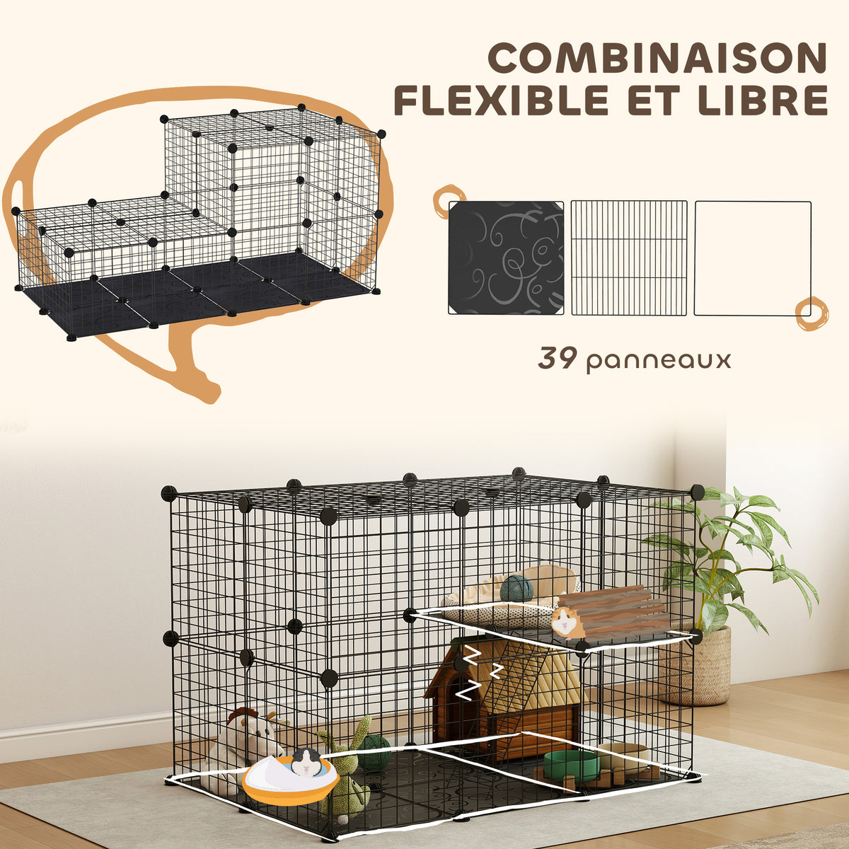 Enclos pour petits animaux, cage à lapin modulable 3 niveaux, 39 panneaux avec  rampes, en métal, 70 x 70 x 105 cm, noir-3