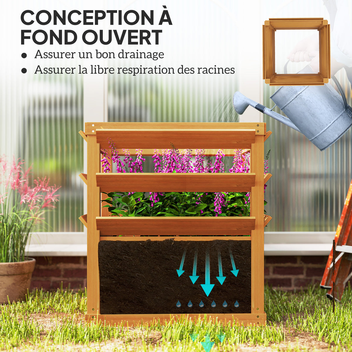 Jardinière avec treillis, lit surélevé de jardin fond ouvert, bac à fleurs en bois 65 x 65 x 73 cm, marron clair-4