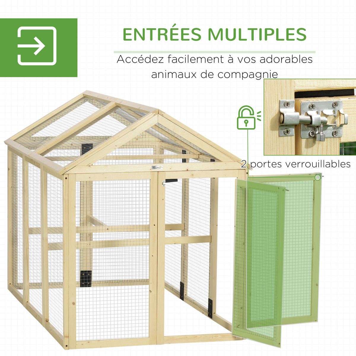 Enclos poulailler en bois cage à poules parc grillagé 140 x 88,5 x 106 cm naturel-4