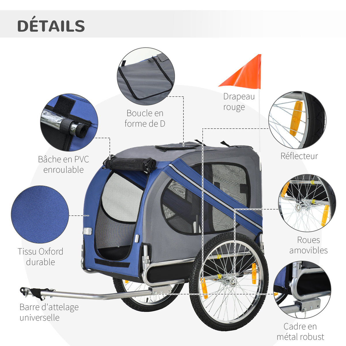 Remorque vélo pour chien animaux 8 réflecteurs drapeau barre attelage inclus acier polyester imperméable max. 30 Kg 130L x 73l x 90H cm bleu-3