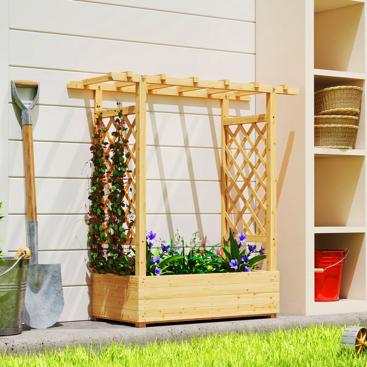 Jardinière surélevée avec treillis latéral et supérieur, bac à fleurs trous de drainage, 110x44x113cm, bois naturel-1