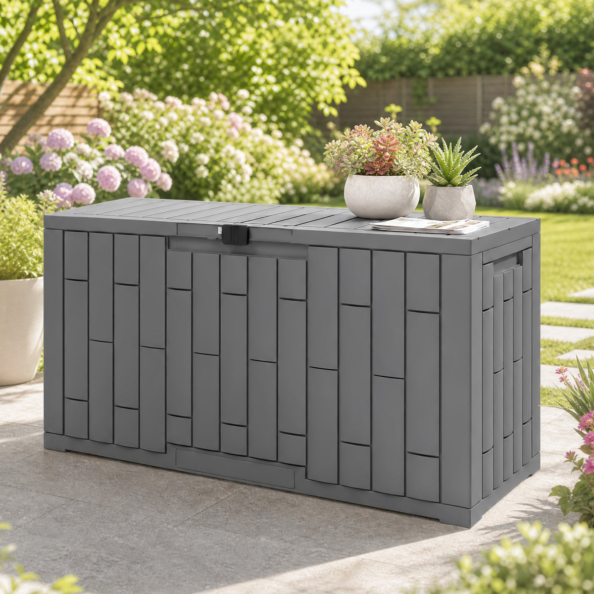 Coffre de Rangement Extérieur 227 L Verrouillable avec Vérin à Gaz, Aspect Bois, 106,5x43x54,5cm, Gris-1