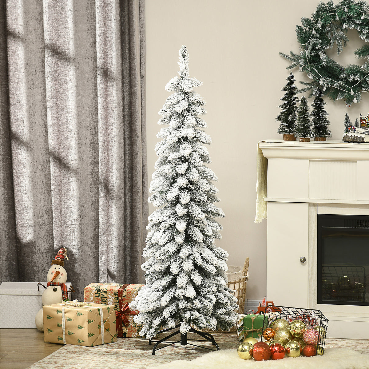 Arbre de Noël artificiel avec support en acier 253 branches enneigées socle pliable hauteur 135 cm vert-1