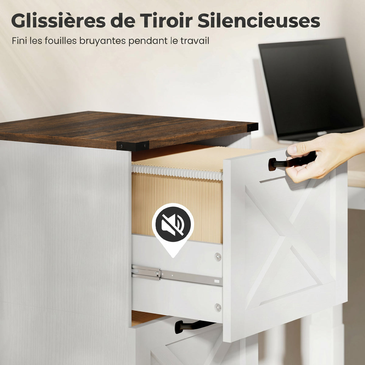 Caisson de Bureau avec 2 Tiroirs, Dossiers Suspendus pour Formats Lettre/A4, Style Rustique, 40x40x71cm, Blanc-6
