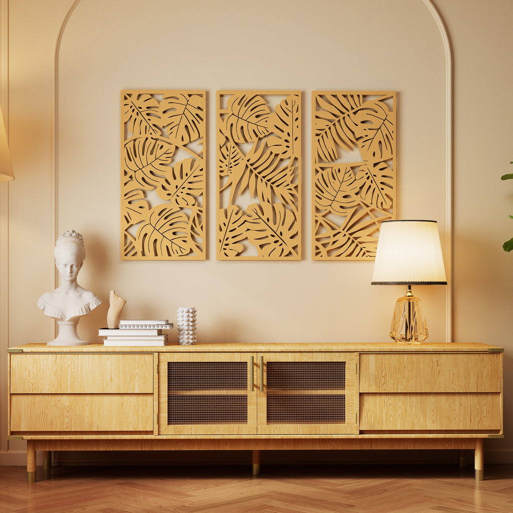 Ensemble de 3 Décorations Murales en Bois 3D, 40 x 80 cm, Feuilles Tropicales, Effet Bois Naturel-1