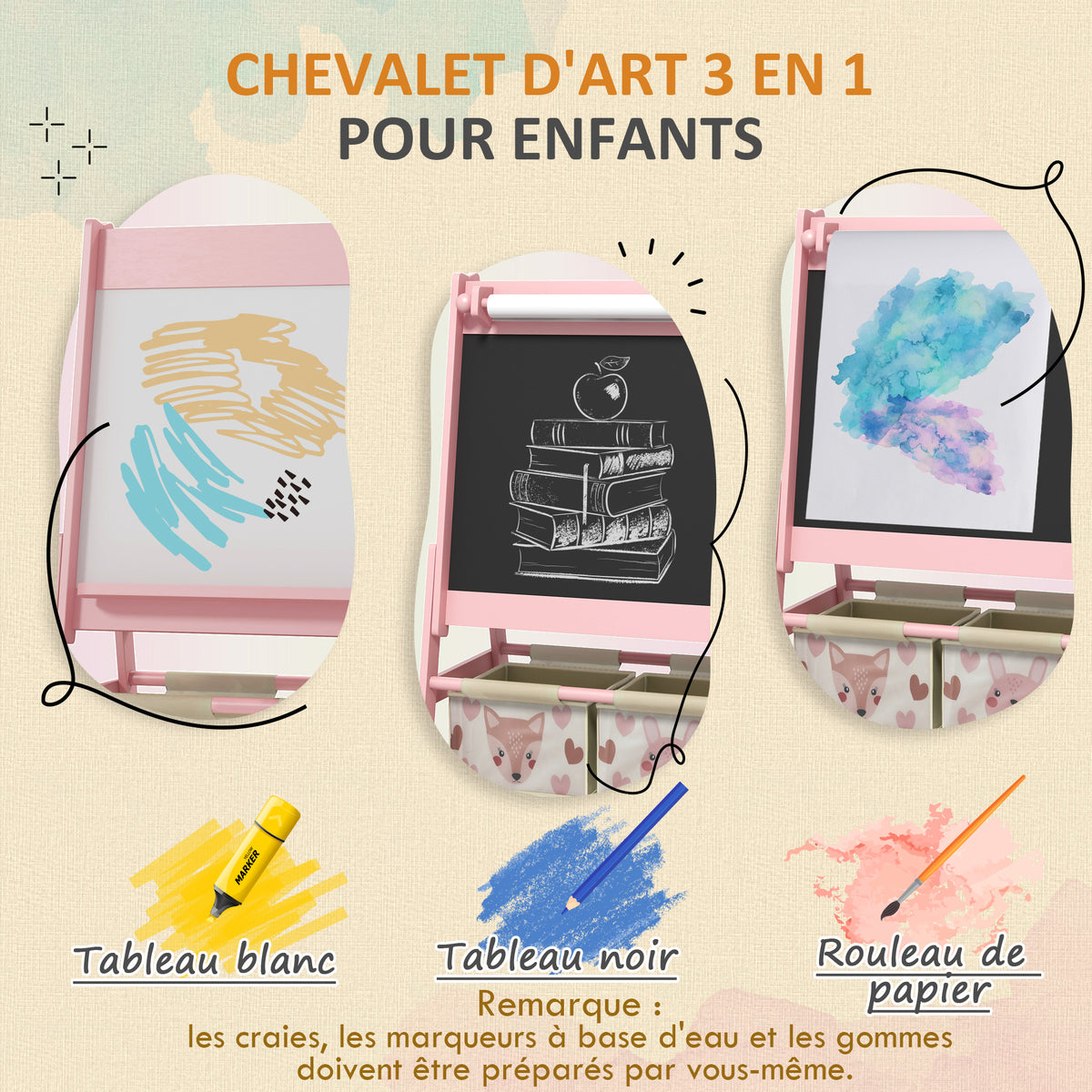 Tableau chevalet enfant ardoise double face tableau à craie rouleau papier 2 paniers 54 x 46,5 x 93 cm rose-3