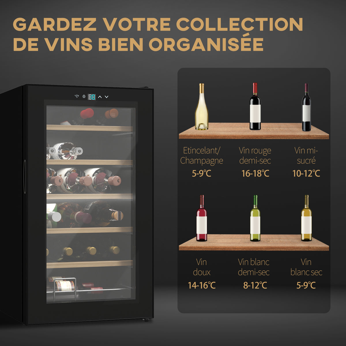 Cave à vin 24 bouteilles 65L haute performance température réglable 5-20° avec lumière LED panneau contrôle tactile noir-3