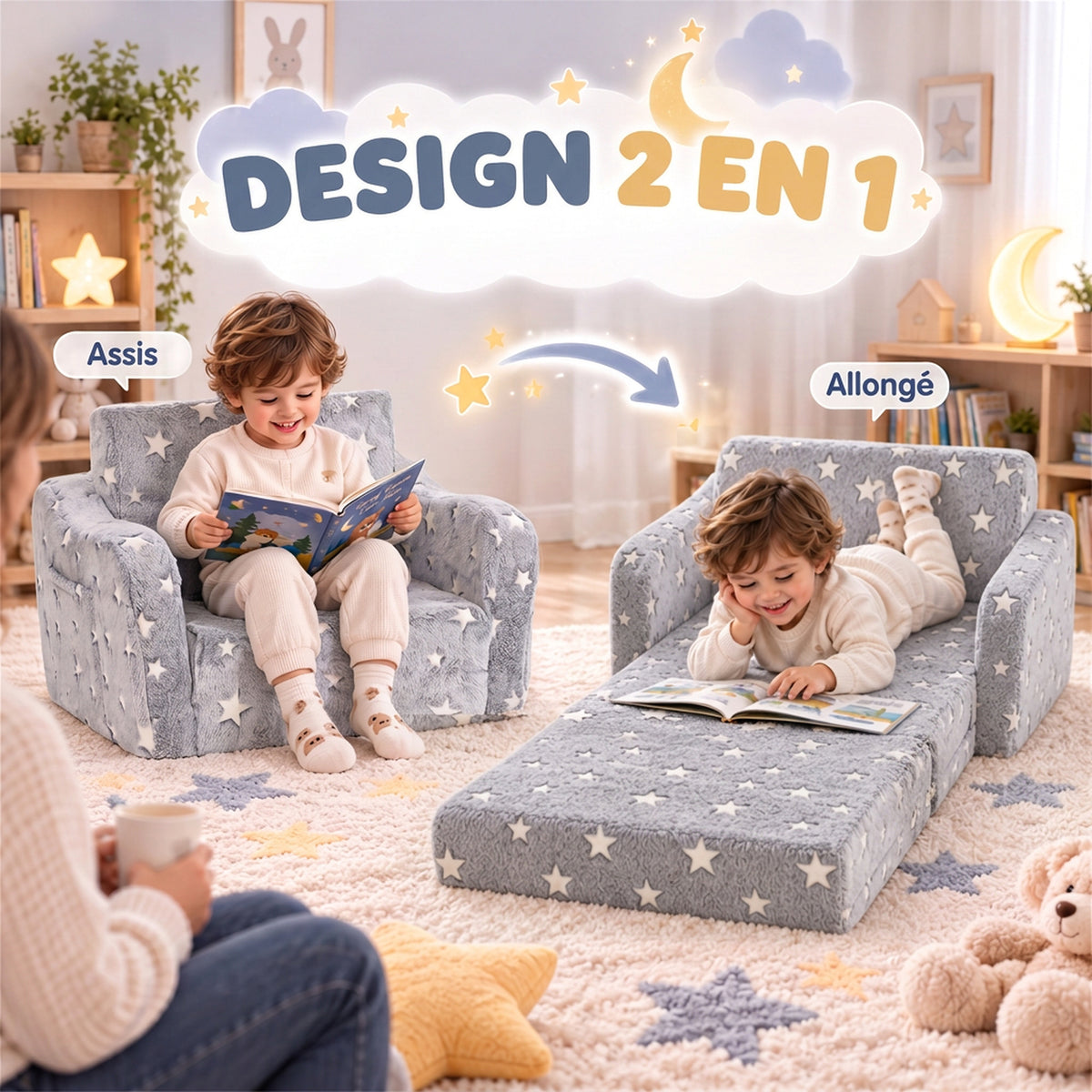 Canapé enfant 2 en 1, fauteuil pour enfant avec étoiles phosphorescentes, dépliable en méridienne, gris-3