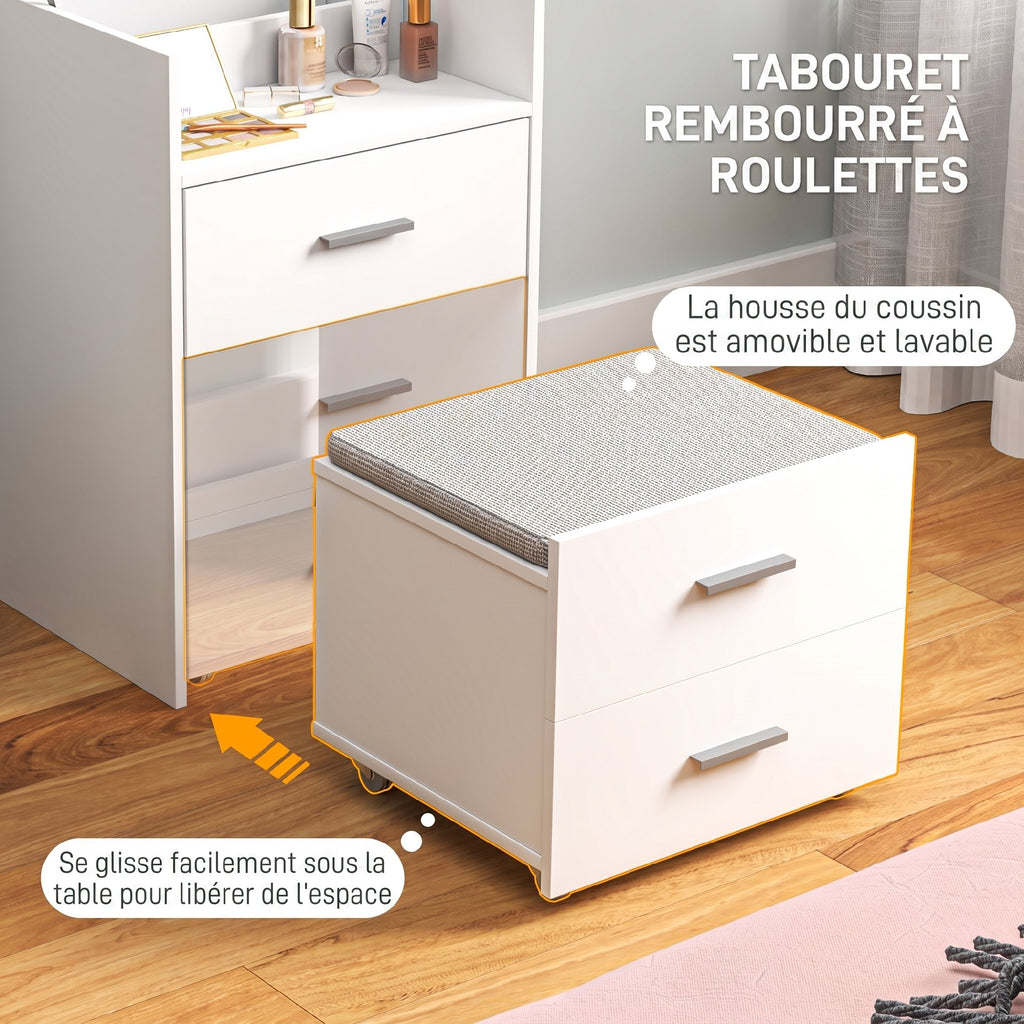 Coiffeuse avec miroir relevable et tabouret à roulettes, table de maquillage avec 2 tiroirs, coussin amovible, blanc-4