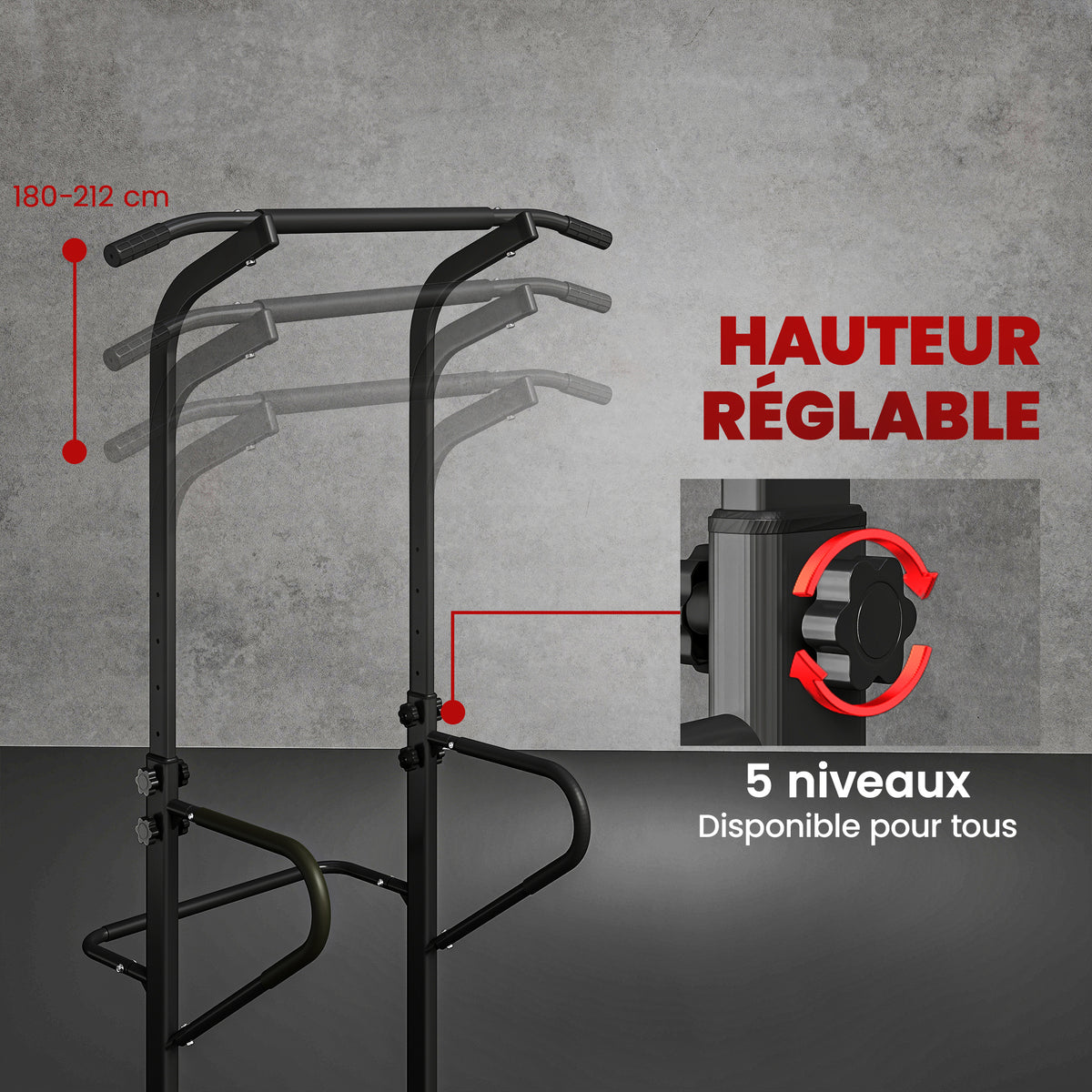 Power Tower Dip Station, Barre de traction, Barre de dips, Hauteur Réglable, Poignées en Forme U, 98x102x180-212cm, Noir-4