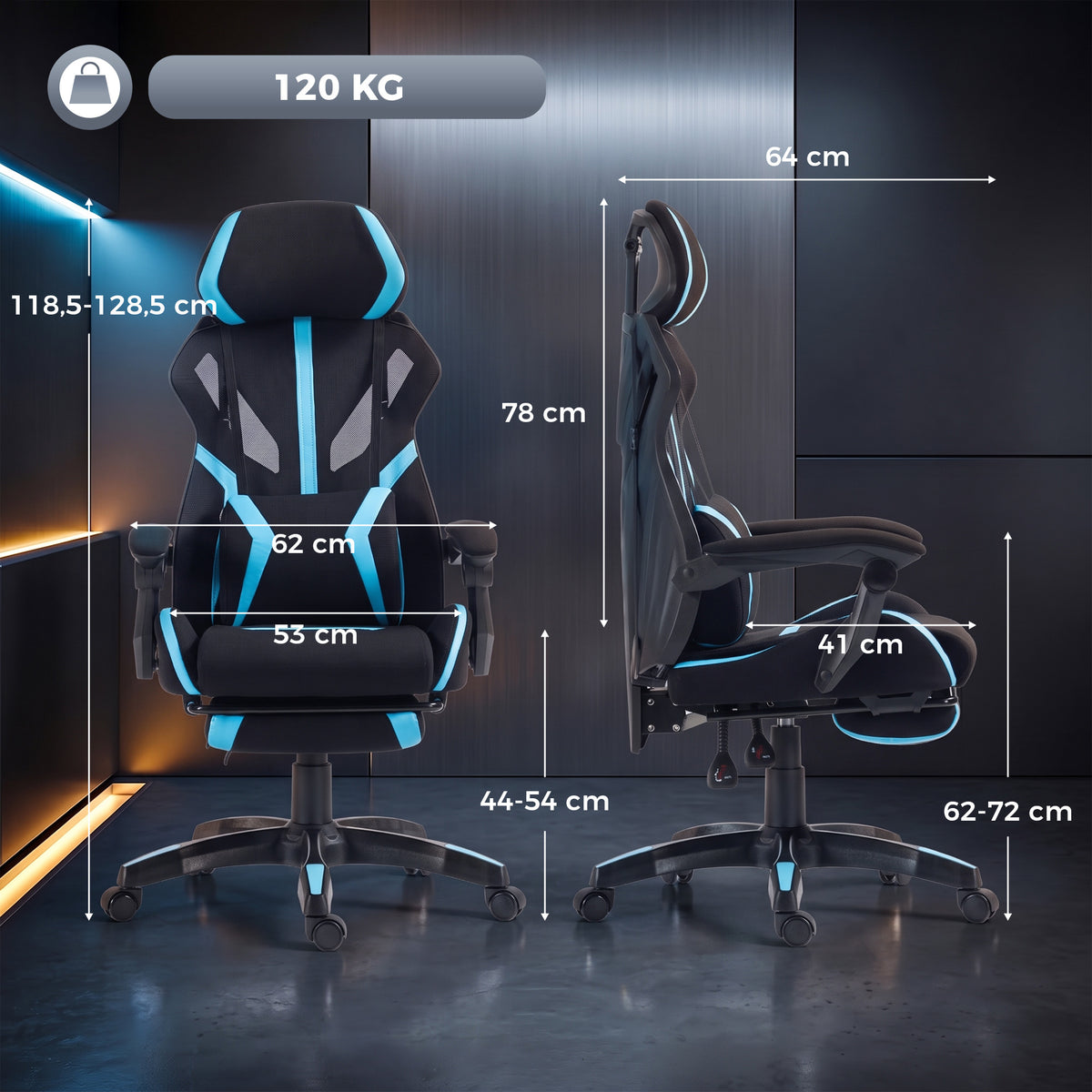 Chaise Gaming Ergonomique, Fauteuil Gaming Inclinable en Maille avec Appui-Tête Réglable, Soutien Lombaire, Noir et Bleu-2