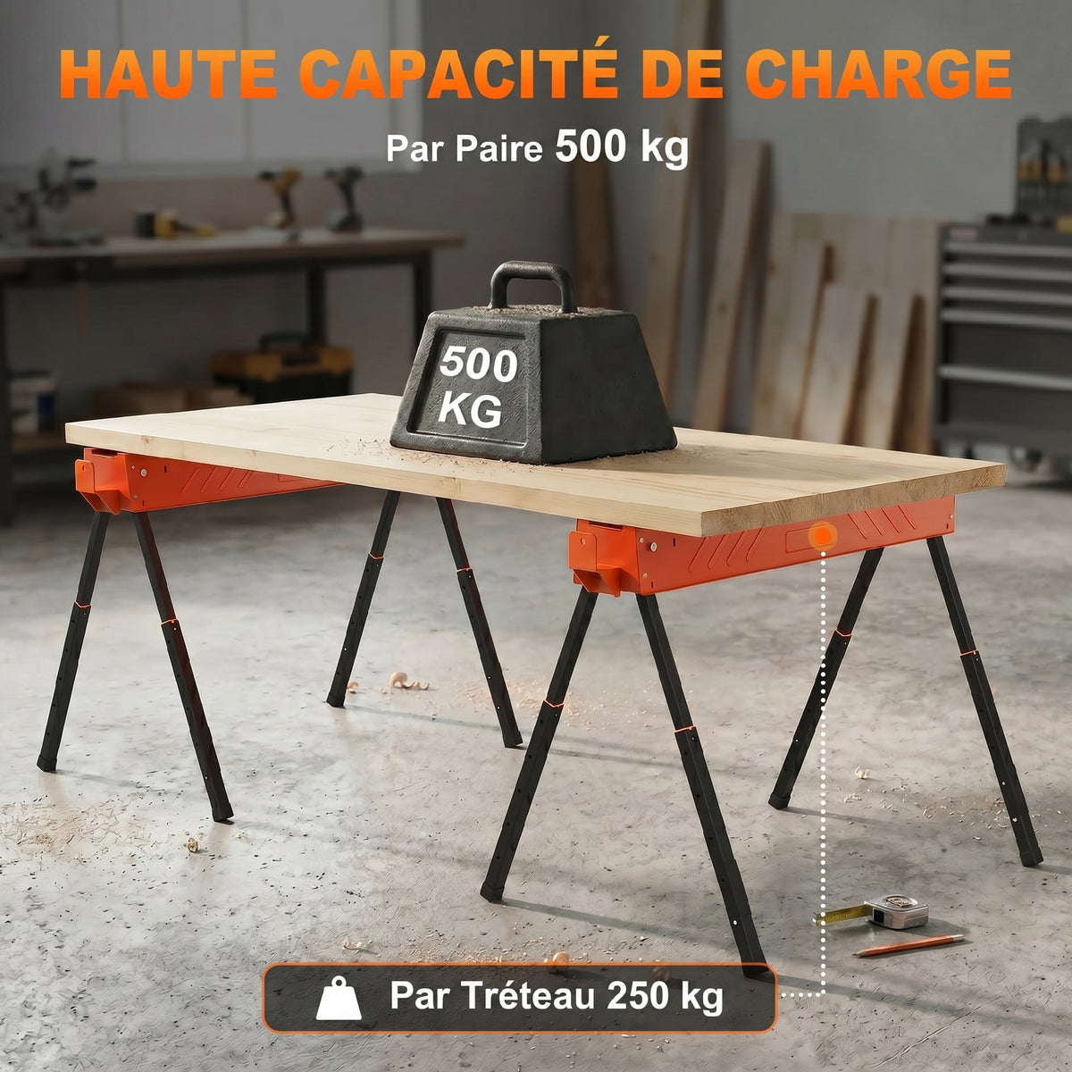 Lot de 2 Tréteaux Pliables en Métal, Charge Max. 500 kg, Tréteaux Portables, Hauteur Réglable 71-85,5cm, Orange-3