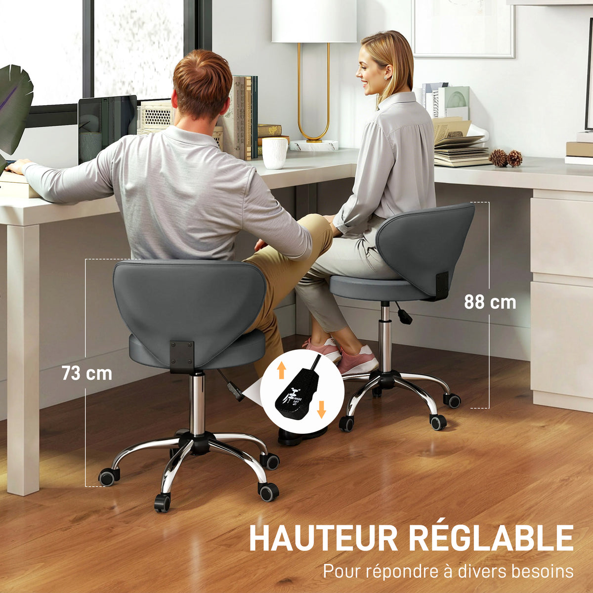 Tabouret à roulettes, tabouret de massage en PU avec hauteur réglable 73-88 cm et dossier, pivotant 360°, gris-3