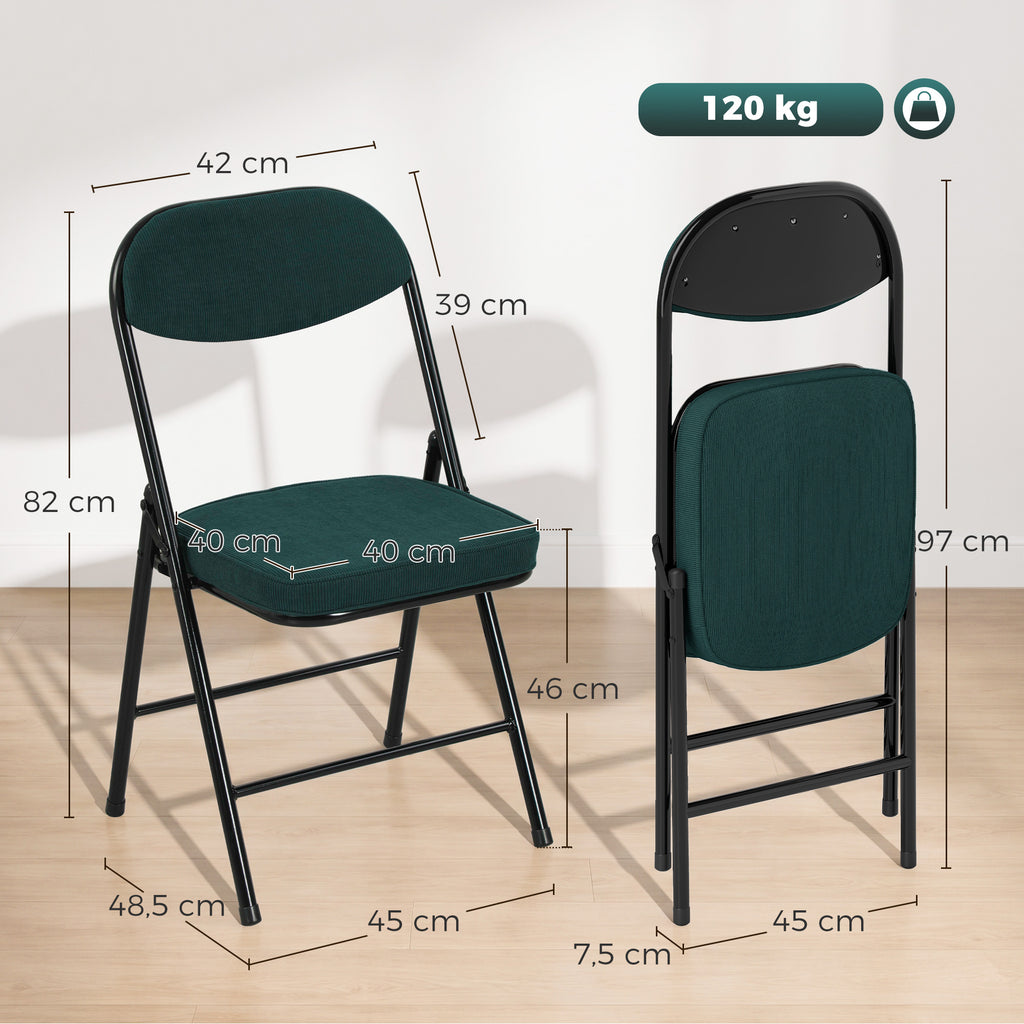 Lot de 2 chaises pliantes chaises de salle à manger portables avec assises et dossiers rembourrés en velours côtelé bleu-2
