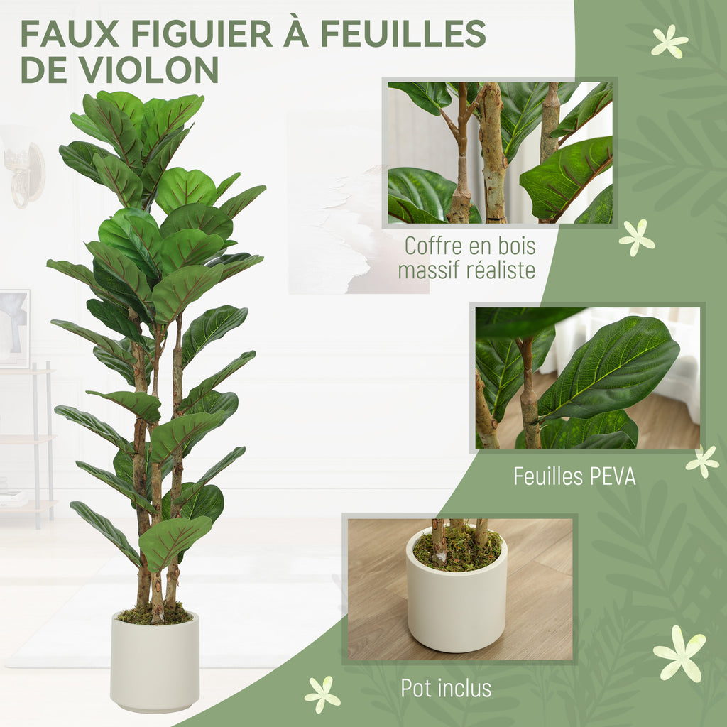 Plante artificielle intérieure 120 cm Figuier lyre arbre artificiel avec pot en plastique et tronc en bois massif, vert-3