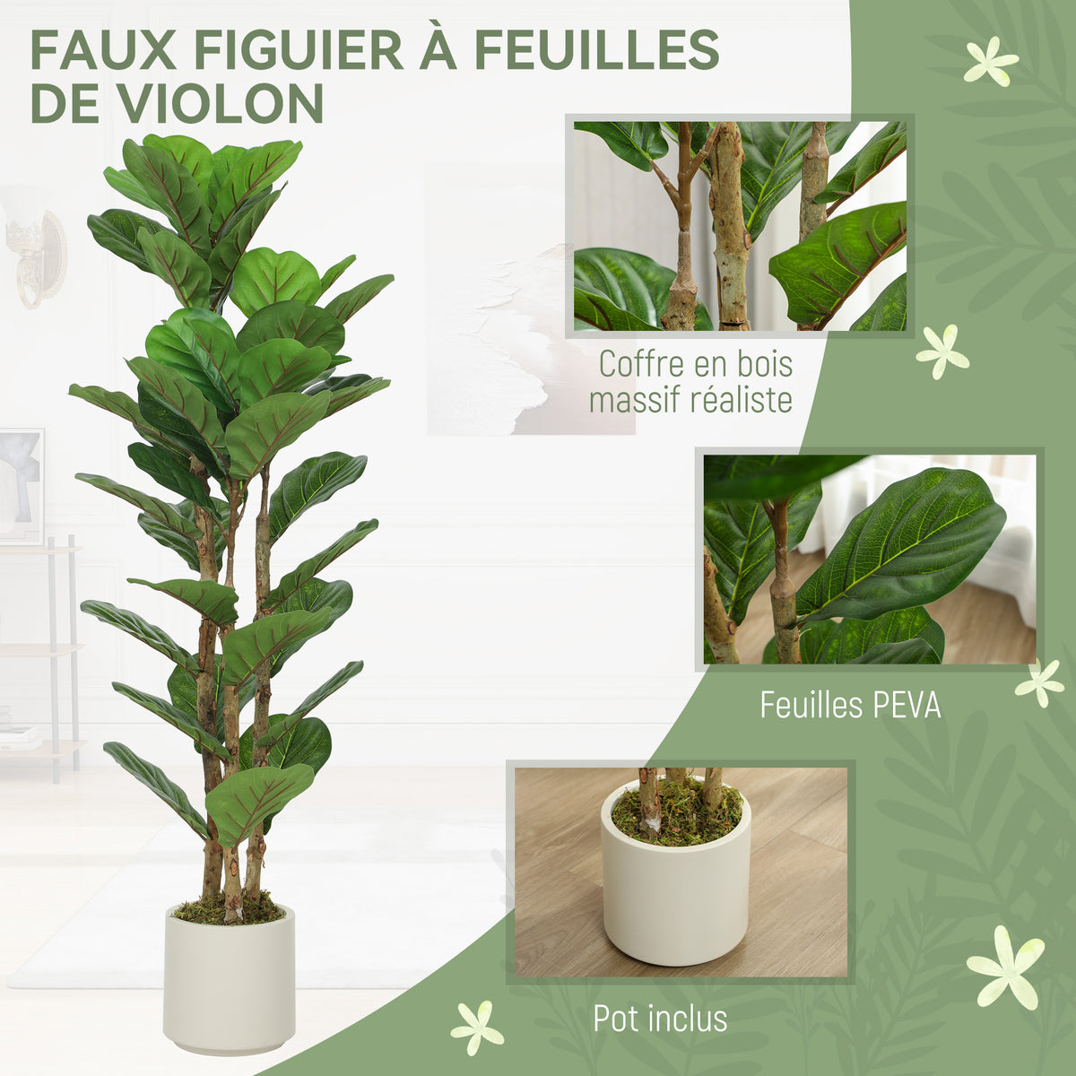 Plante artificielle intérieure 120 cm Figuier lyre arbre artificiel avec pot en plastique et tronc en bois massif, vert-3