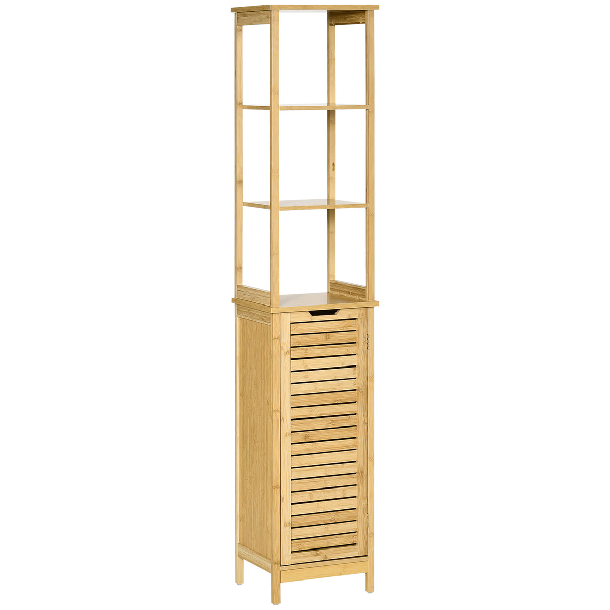 Meuble colonne de salle de bain avec 3 étagères et placard porte persienne en bambou-0