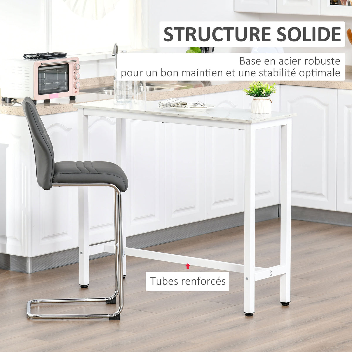 Table de bar table haute de cuisine mange-debout 120 x 40 x 100 cm châssis piètement acier, plateau aspect marbre blanc-3