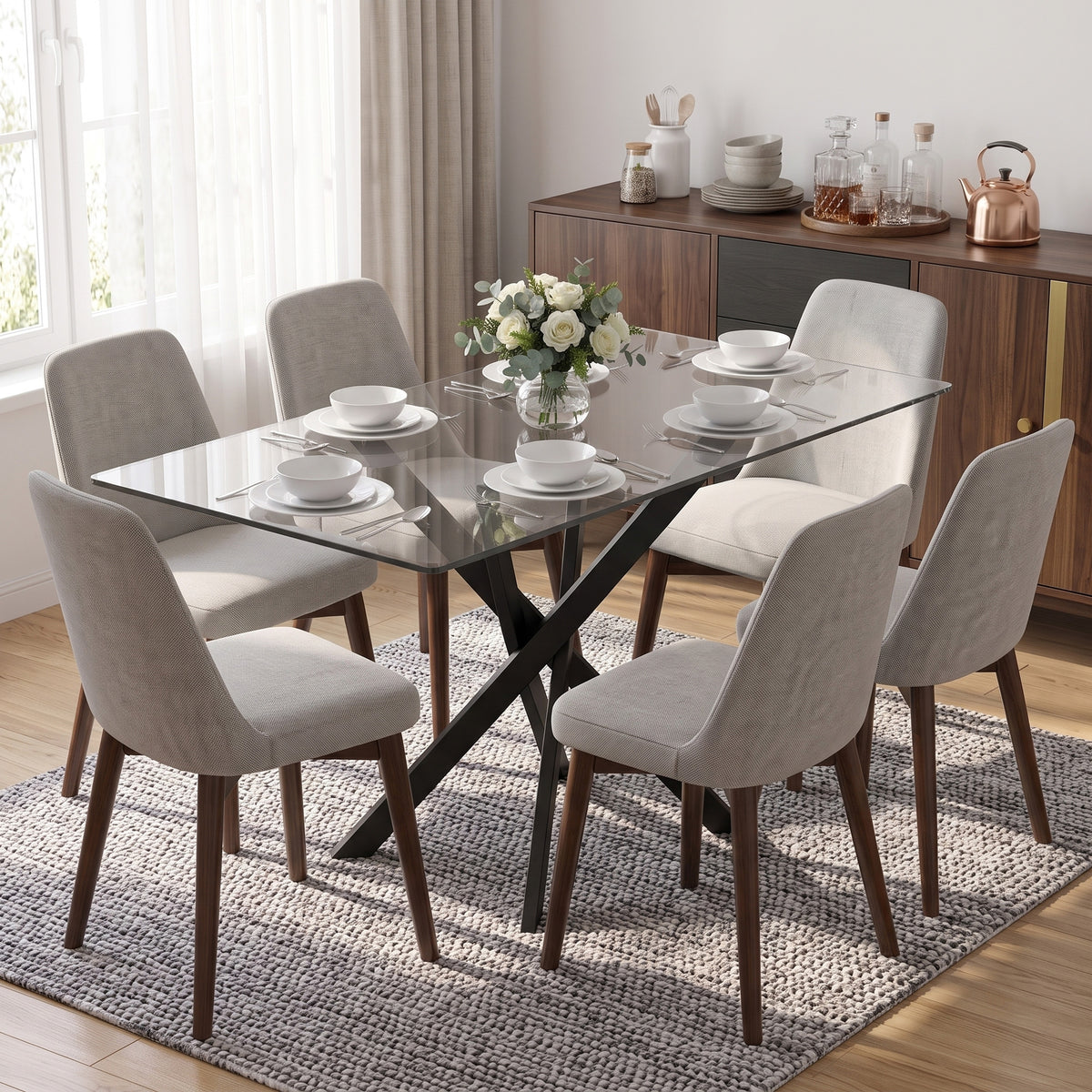 Table de Cuisine, Plateau en Verre Trempé, Piétement Croisé en Acier, Style Moderne, pour Salle à Manger, Cuisine, Salon-8