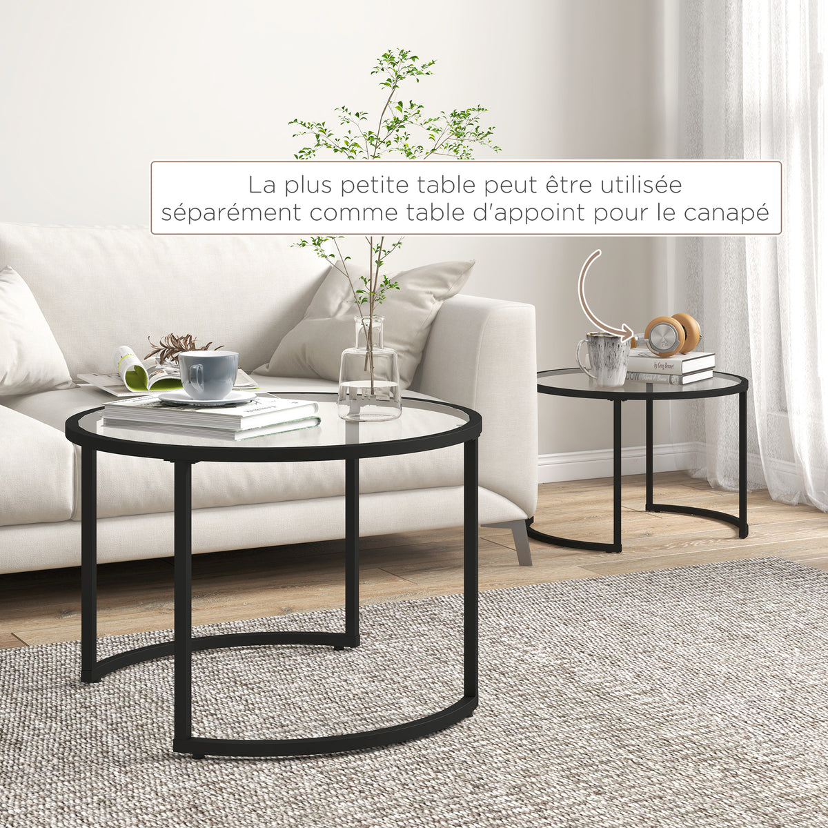 Lot de 2 tables basses gigognes rondes plateau verre trempé et pied en acier au carbone noir-4