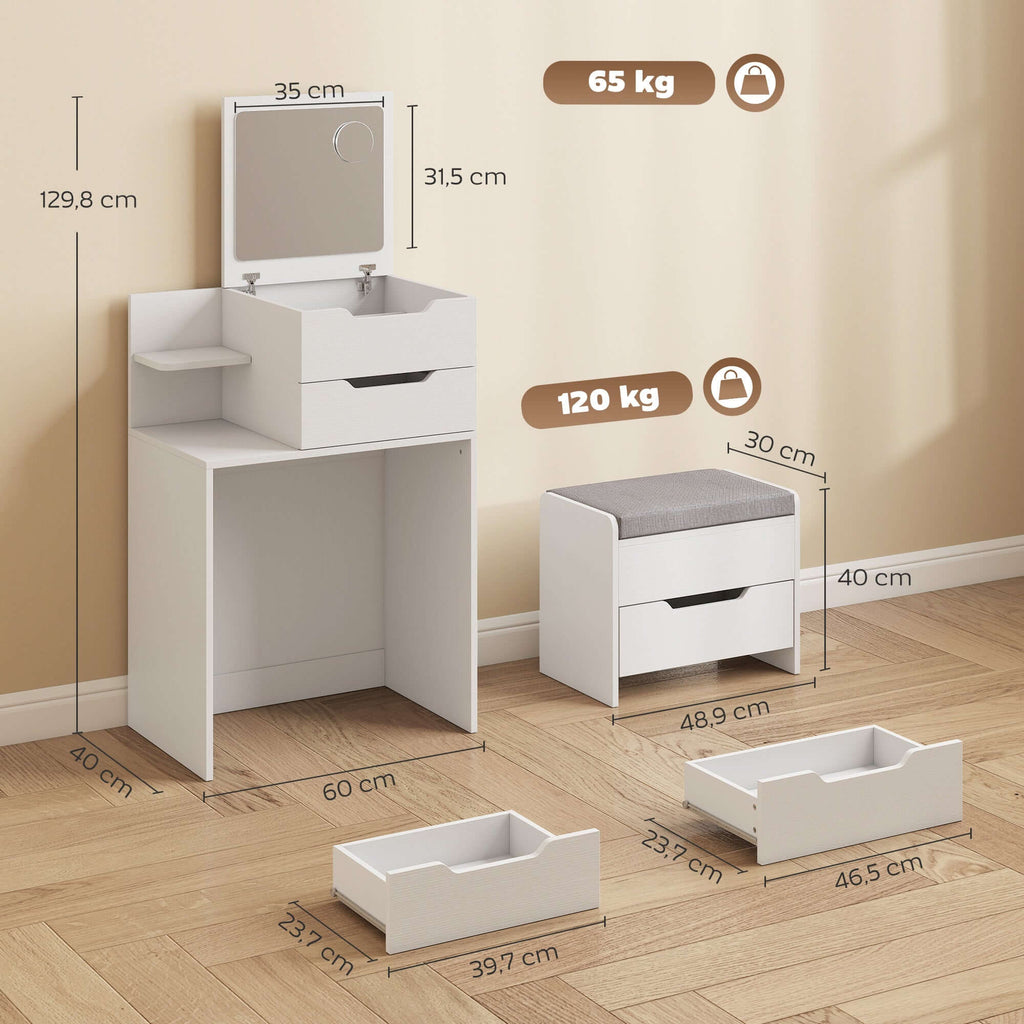 Coiffeuse avec Miroir Rabattable, Tabouret à Roulettes, Siège Rembourré, Tiroir, Étagère, Compartiment, Blanc-2