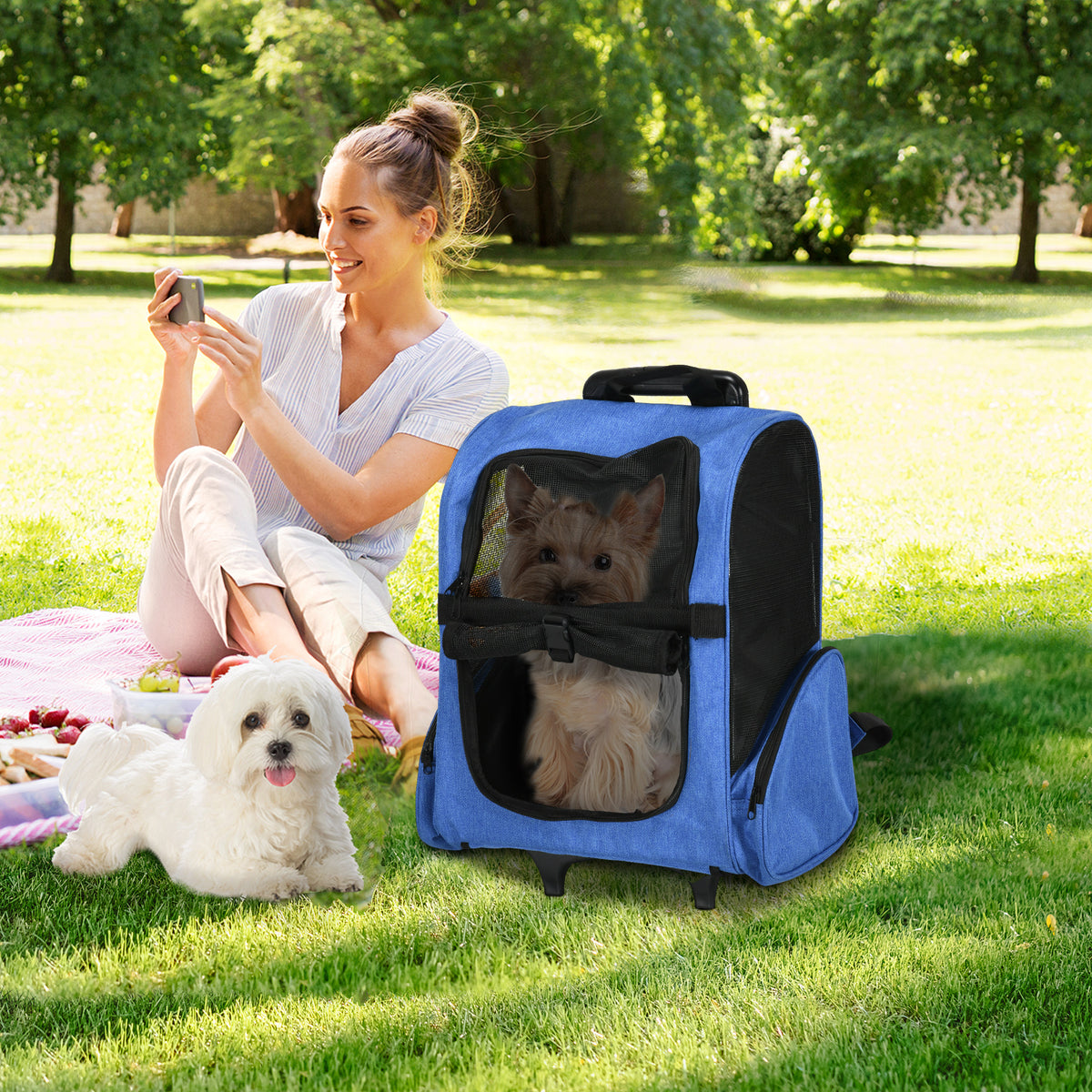 Sac de transport à roulettes pour chien 2 en 1 trolley chariot sac à dos pour chien chat avec poignée téléscopique, sacs de rangement, aérations, attache de sécurité, 42 x 25 x 55 cm, bleu-1