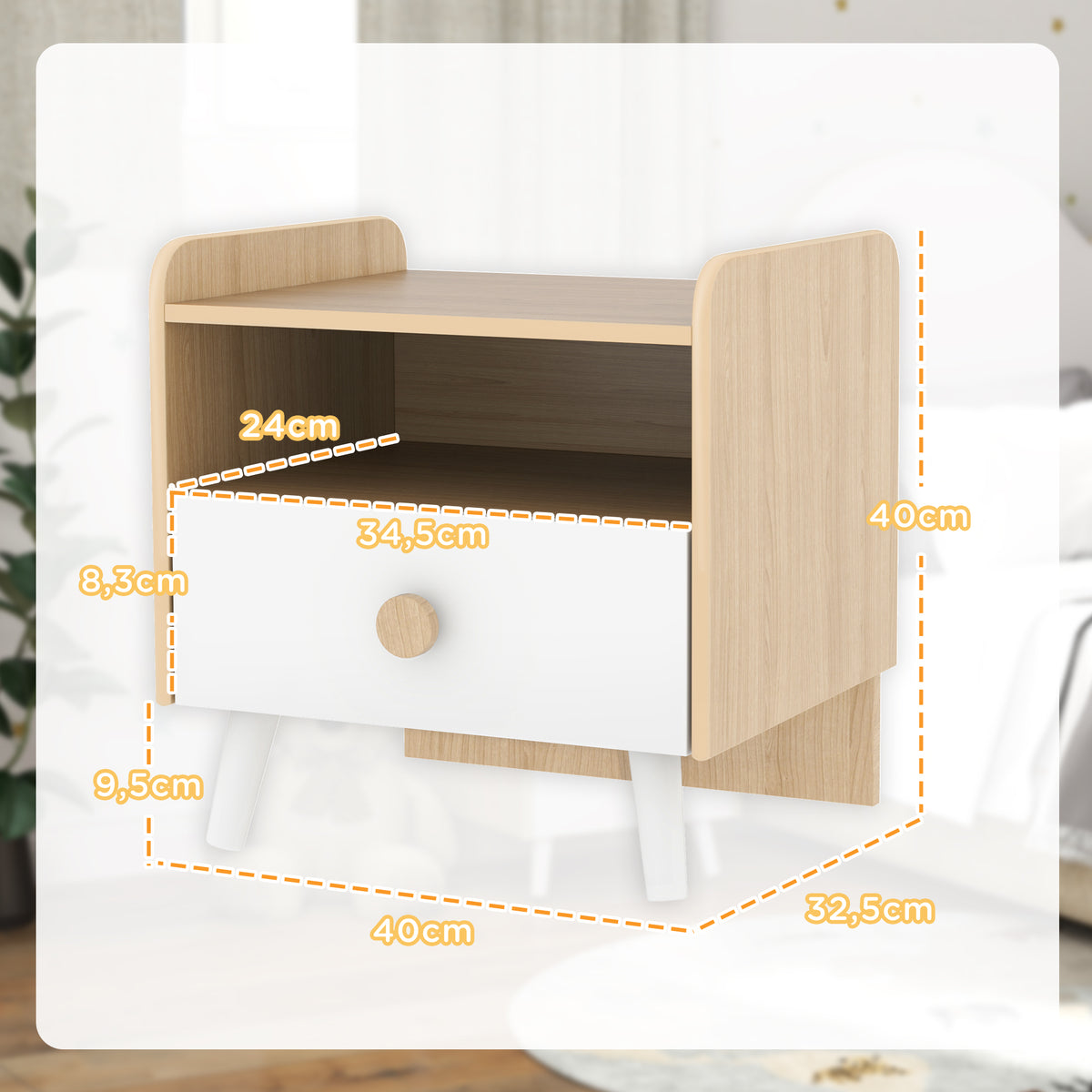Table de chevet enfant table de nuit enfant avec tiroir et niche, petite table d'appoint en bois pour chambre d'enfant-2