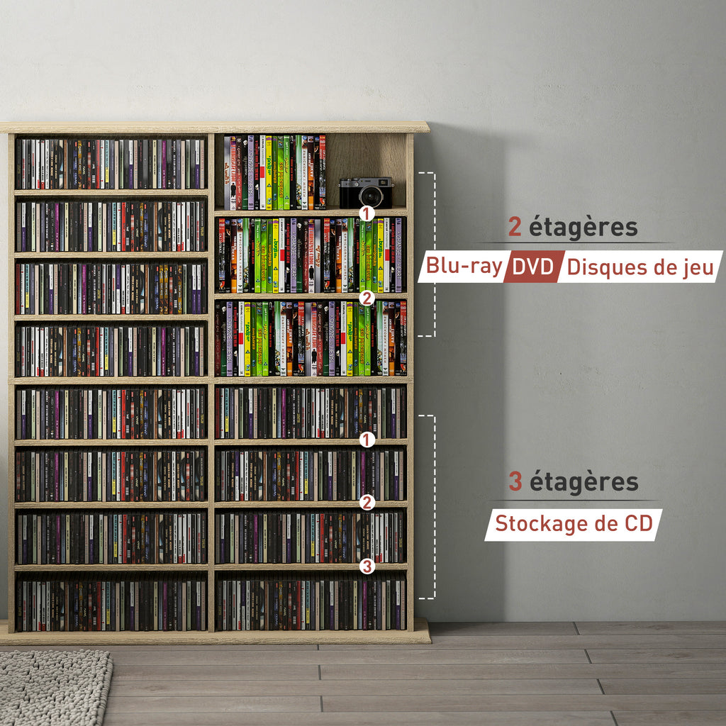 Rangements pour CD et DVD avec 16 compartiments et 12 étagères réglables capacité max. 720 CD/396 DVD et Blu-ray naturel-7