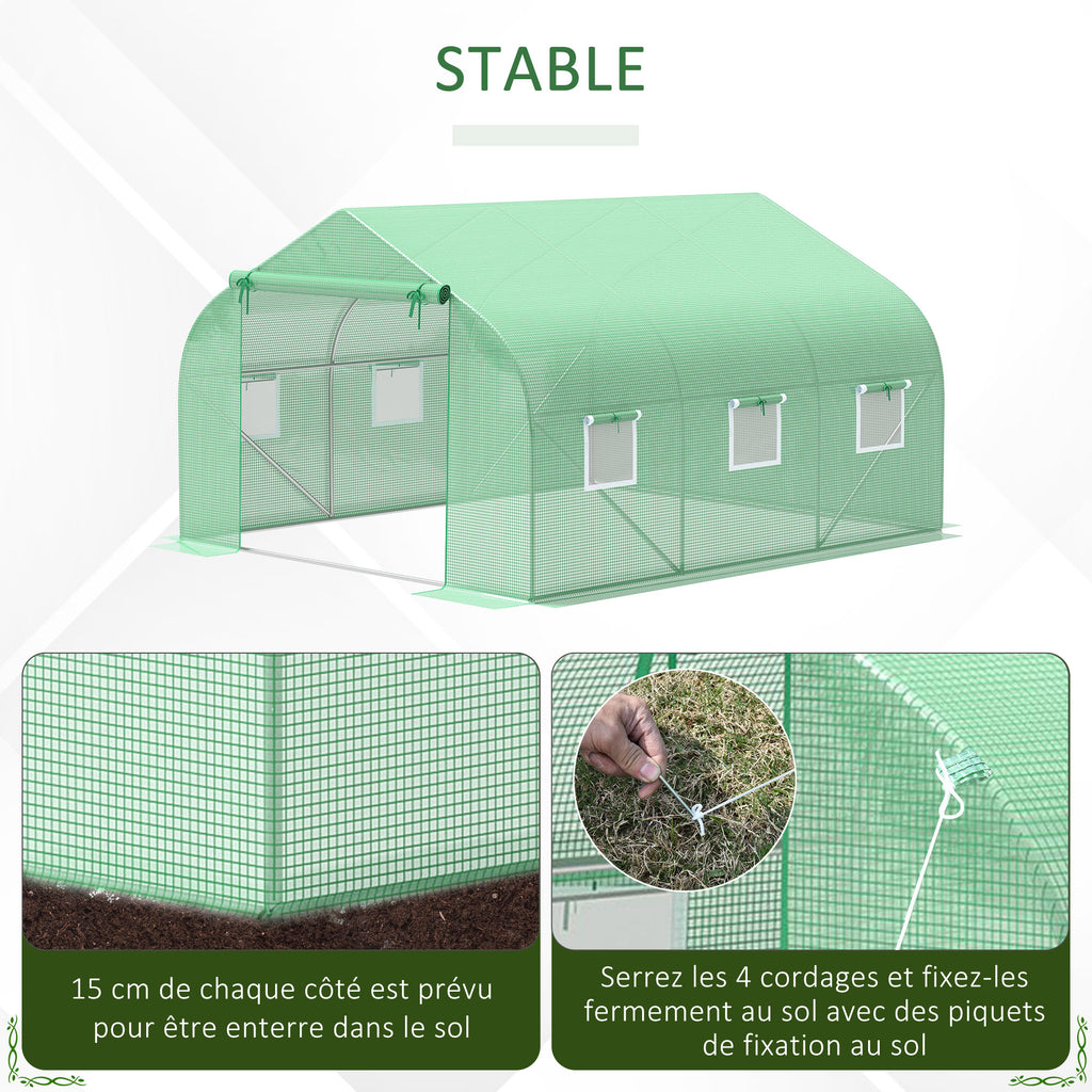 Serre Tunnel de Jardin 10,5 m² dim. 3,5L x 3l x 2H m Porte + 6 fenêtres enroulables Acier galvanisé bâche PE Haute densité Vert-5