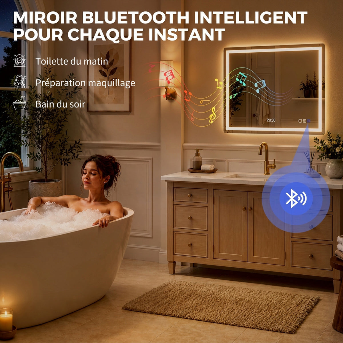 Miroir salle de bain LED bluetooth 90 x 70 cm interrupteur tactile lumière réglable 3 couleurs anti-buée mémoire argent-4