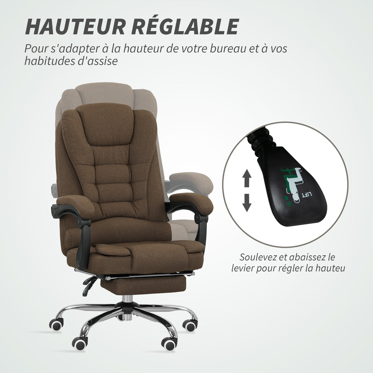Fauteuil de bureau avec hauteur réglable, dossier inclinable, repose-pied et accoudoirs rembourrés, marron-3