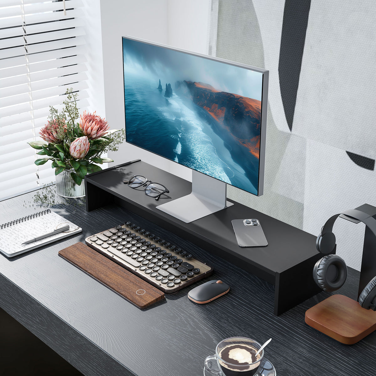 Rehausseur écran PC bureau support d'écran d'ordinateur de 100 cm support moniteur avec deux compartiments, noir-1