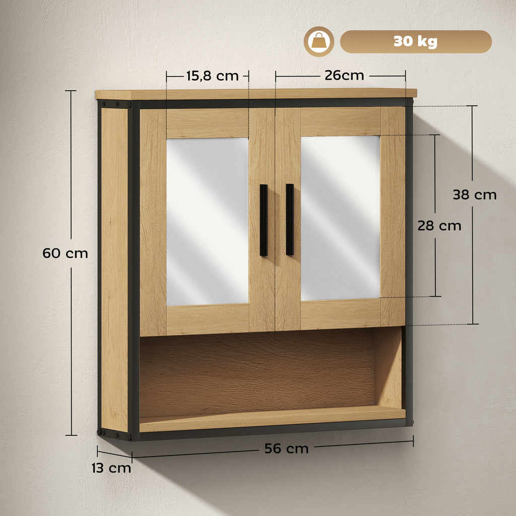 Armoire murale salle de bain avec miroir, meuble salle de bain avec compartiment ouvert et étagère réglable, chêne-2