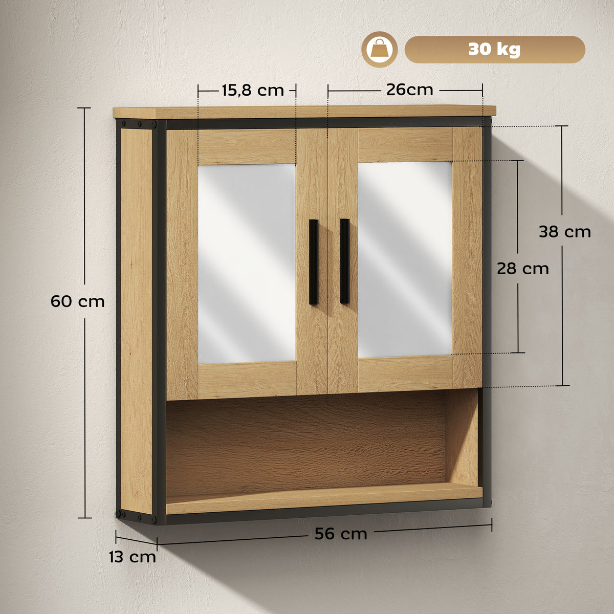 Armoire murale salle de bain avec miroir, meuble salle de bain avec compartiment ouvert et étagère réglable, chêne-2