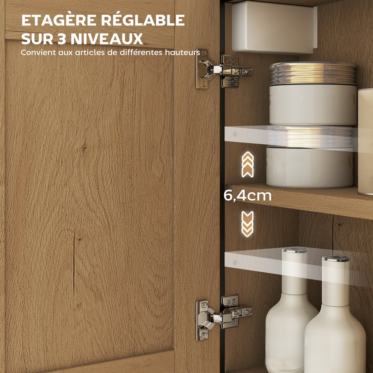 Armoire murale salle de bain avec miroir, meuble salle de bain avec compartiment ouvert et étagère réglable, chêne-5