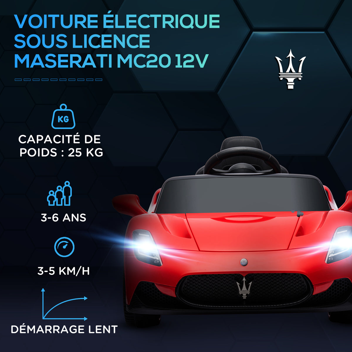Voiture électrique pour enfants sous licence Maserati MC20 12V, Télécommande, LED, Musique et Klaxon, 3 à 6 Ans, rouge-3