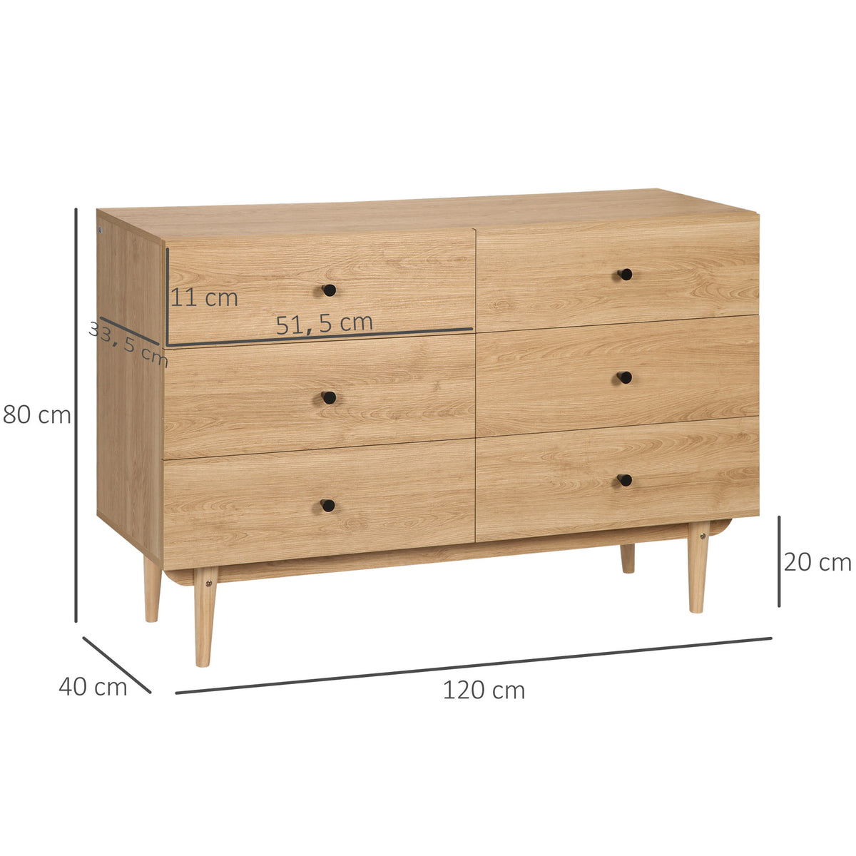 Commode 6 tiroirs meuble de rangement pieds en bois massif 120 x 40 x 80 cm marron clair-2