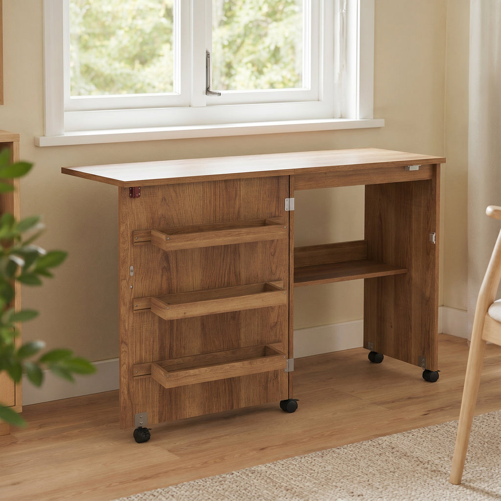 Table de couture pliante meuble couture à abattant avec bacs de rangement, étagère ouverte et roulettes, marron-1