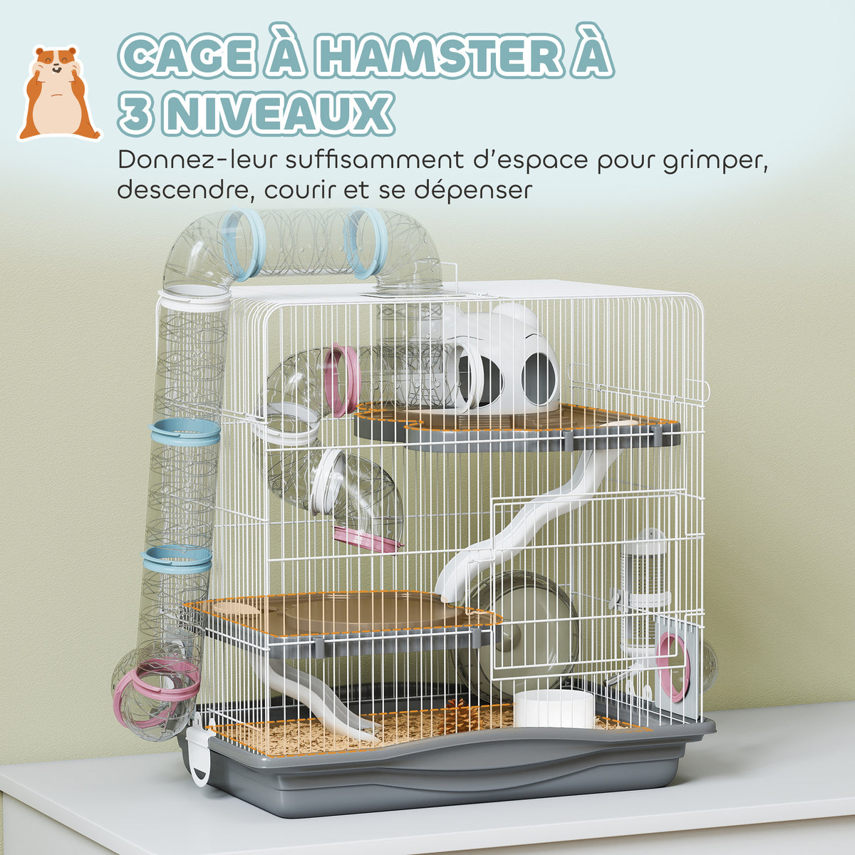 Cage hamster, cage rongeur à 3 niveaux, roue d'exercice, tunnel, gamelle, niche et rampe d'accès, 45 x 30 x 45 cm, gris-3