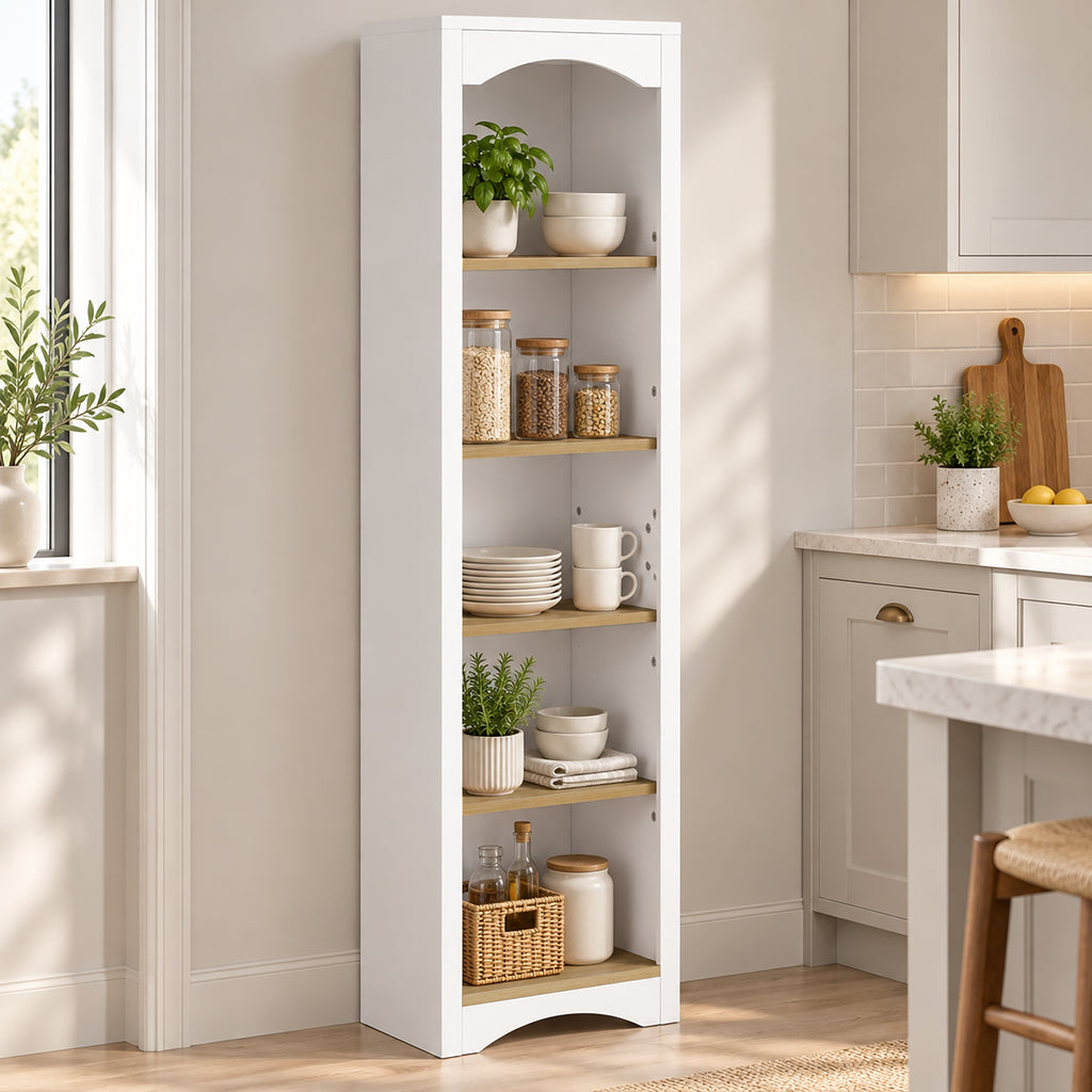 Bibliothèque Arquée 5 Niveaux, Étagère à Livres, Meuble de Rangement, Étagères Réglables, 50x30x183cm, Blanc et Chêne-7