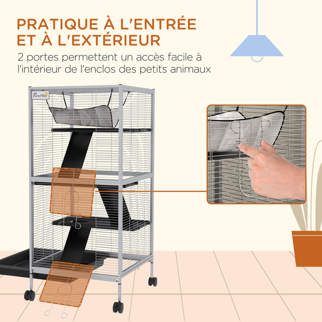Cage pour Petits Animaux Portable à 4 Niveaux avec Roulettes, 2 Portes, 3 Rampes, Hamac et Plateau Amovible-6