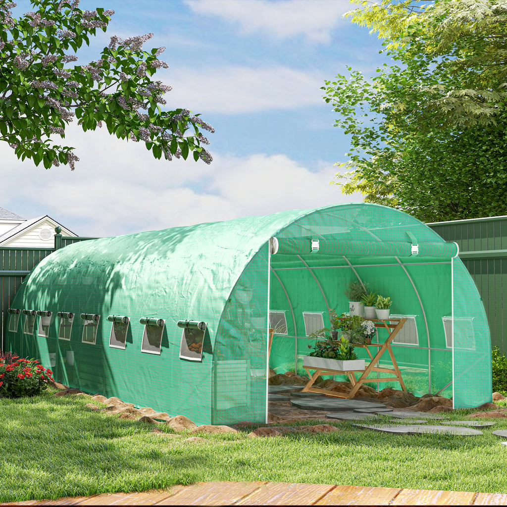 Serre de jardin tunnel 24m² 8L x 3l x 2H m - 16 fenêtres, Porte zippée enroulable acier galvanisé, bâche PE, Vert-1