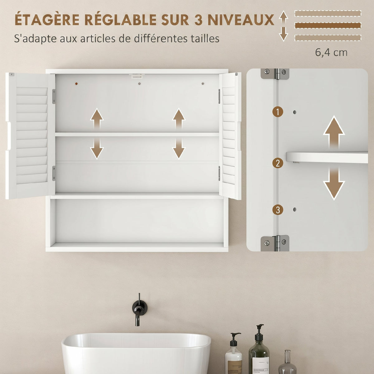 Armoire murale de salle de bain avec porte à lattes, étagère réglable et compartiment ouvert, 60x20x60cm, blanc-4