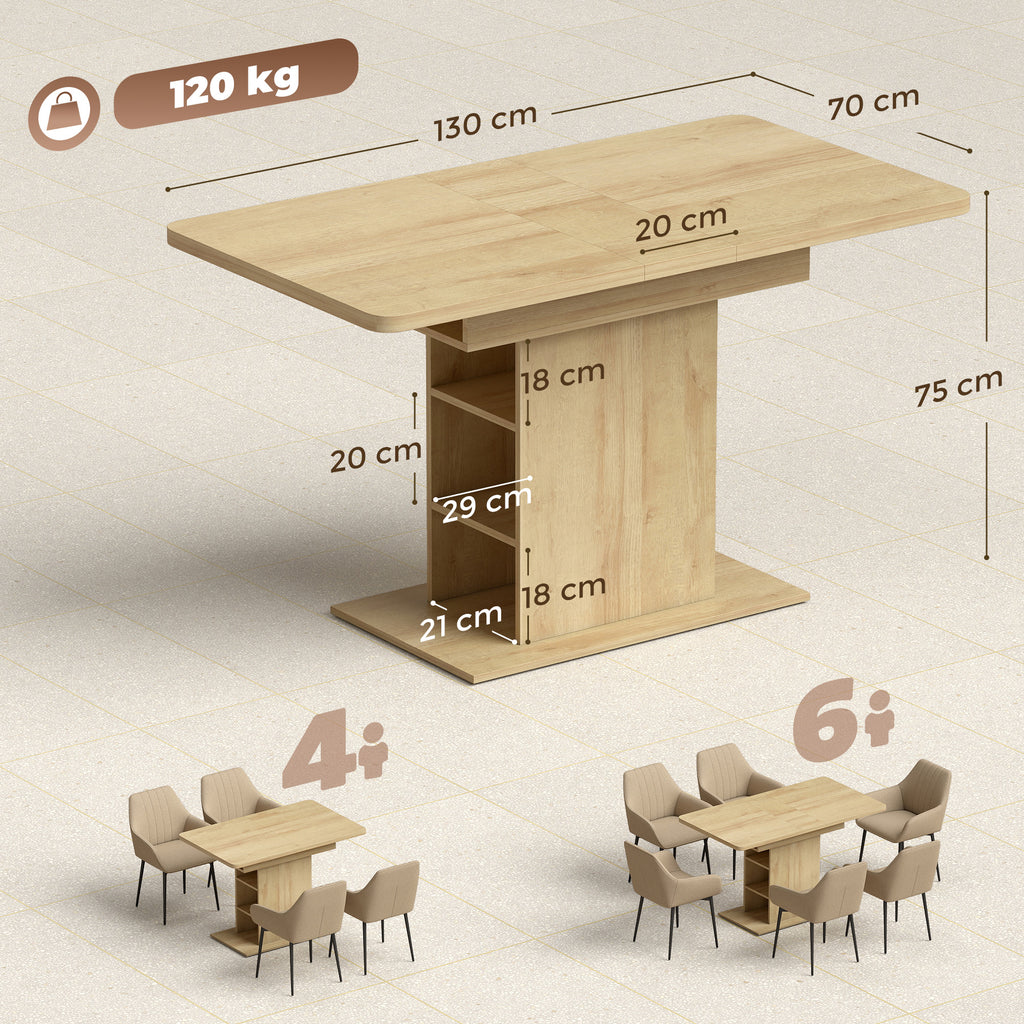 Table à manger extensible rectangle pour 4 à 6 personnes, table de cuisine 110-130 cm, 6 étagères ouvertes, bois naturel-2