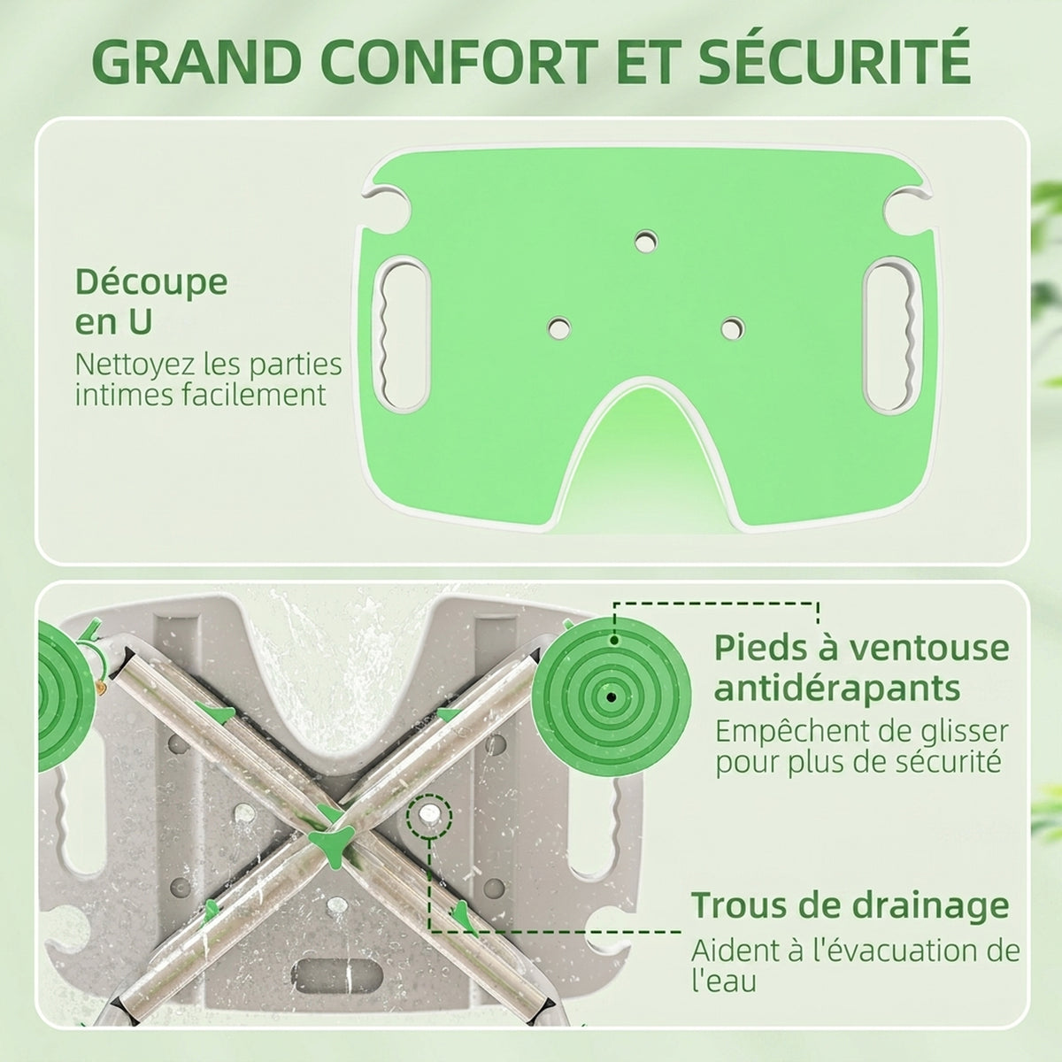 Tabouret de Douche, Hauteur Ajustable 39-51,5 cm, Barre d'Appui à Ventouse, Patins à Ventouse, Vert-3
